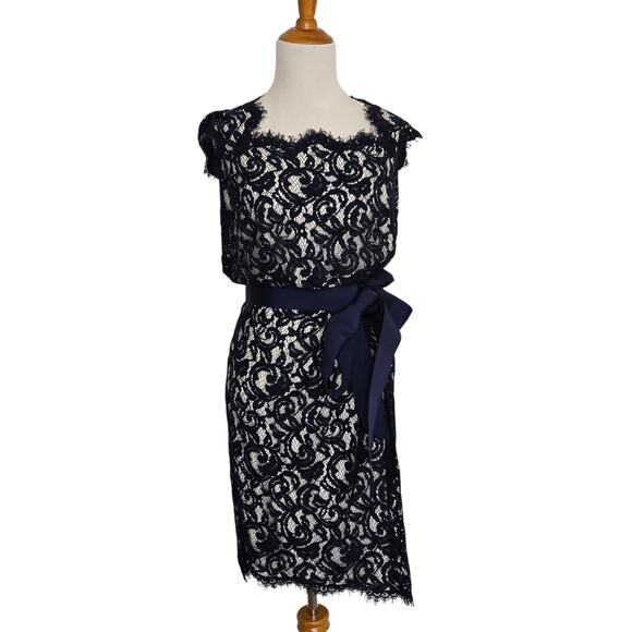 Tadashi Shoji Lace Cocktail Dress Navy Cap Sleeve Tie Waist Event Women 2 - Picture 2 of 13